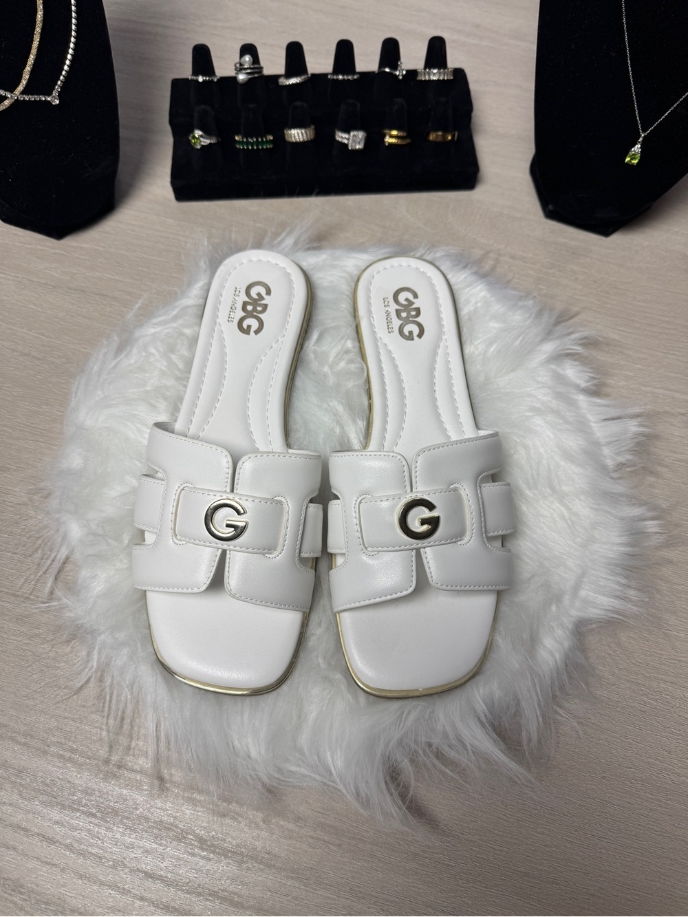White Leather-Look Slide Mules with Gold G Accent